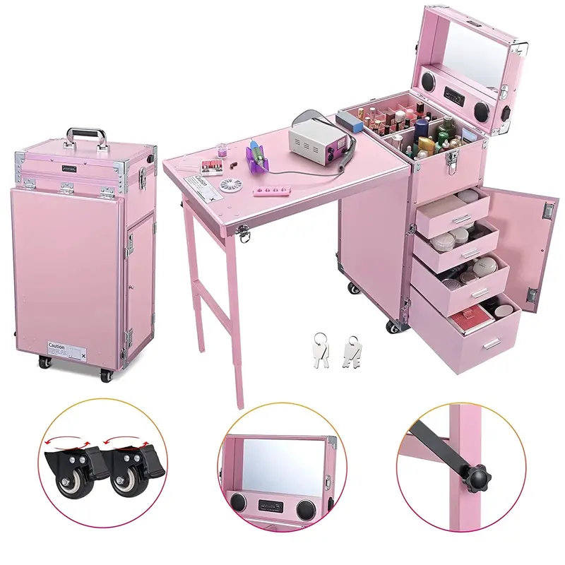 BYOOTIQUE Rolling Nail Station – Pink Cosmetic Trolley with Mirror & 4 Drawers 2