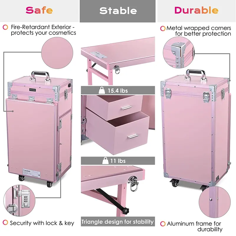BYOOTIQUE Rolling Nail Station – Pink Cosmetic Trolley with Mirror, 4 Drawers & Mobile Base