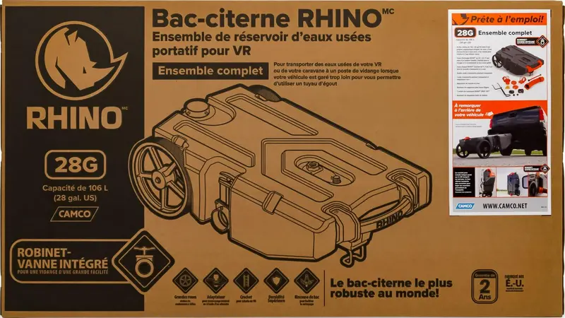 Camco Rhino 28-Gallon RV Waste Holding Tank – Leak-Proof, Odor-Resistant Tote with Hose Kit (Model 39004)