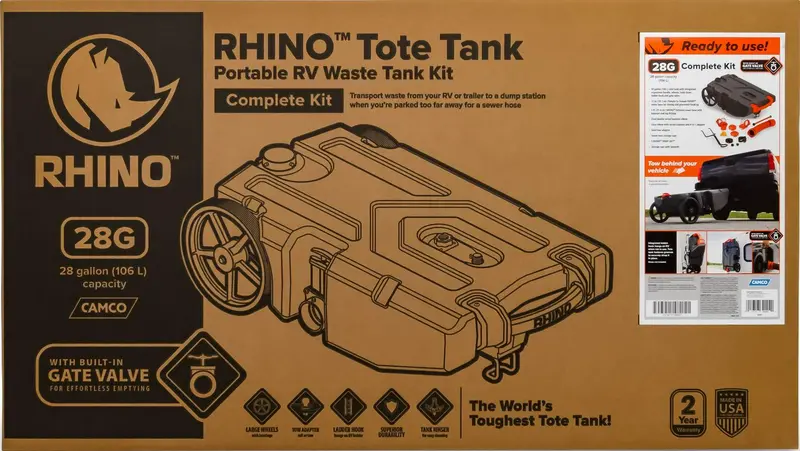 Camco Rhino 28-Gallon RV Waste Holding Tank – Leak-Proof, Odor-Resistant Tote with Hose Kit (Model 39004)
