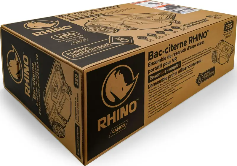 Camco Rhino 28-Gallon RV Waste Holding Tank – Leak-Proof, Odor-Resistant Tote with Hose Kit (Model 39004)