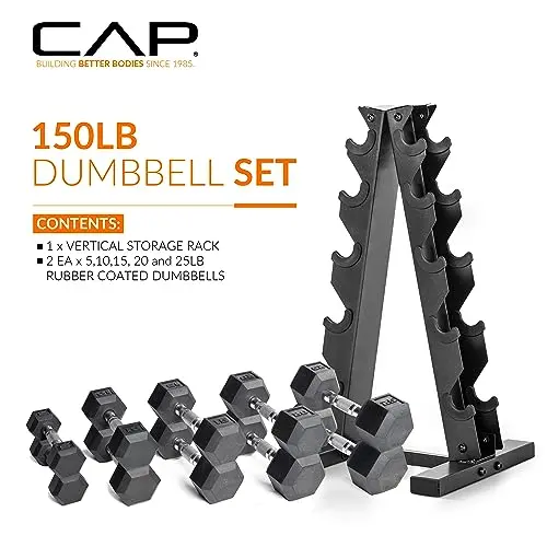 CAP Barbell 150LB Coated Hex Dumbbell Set with Vertical Storage Rack