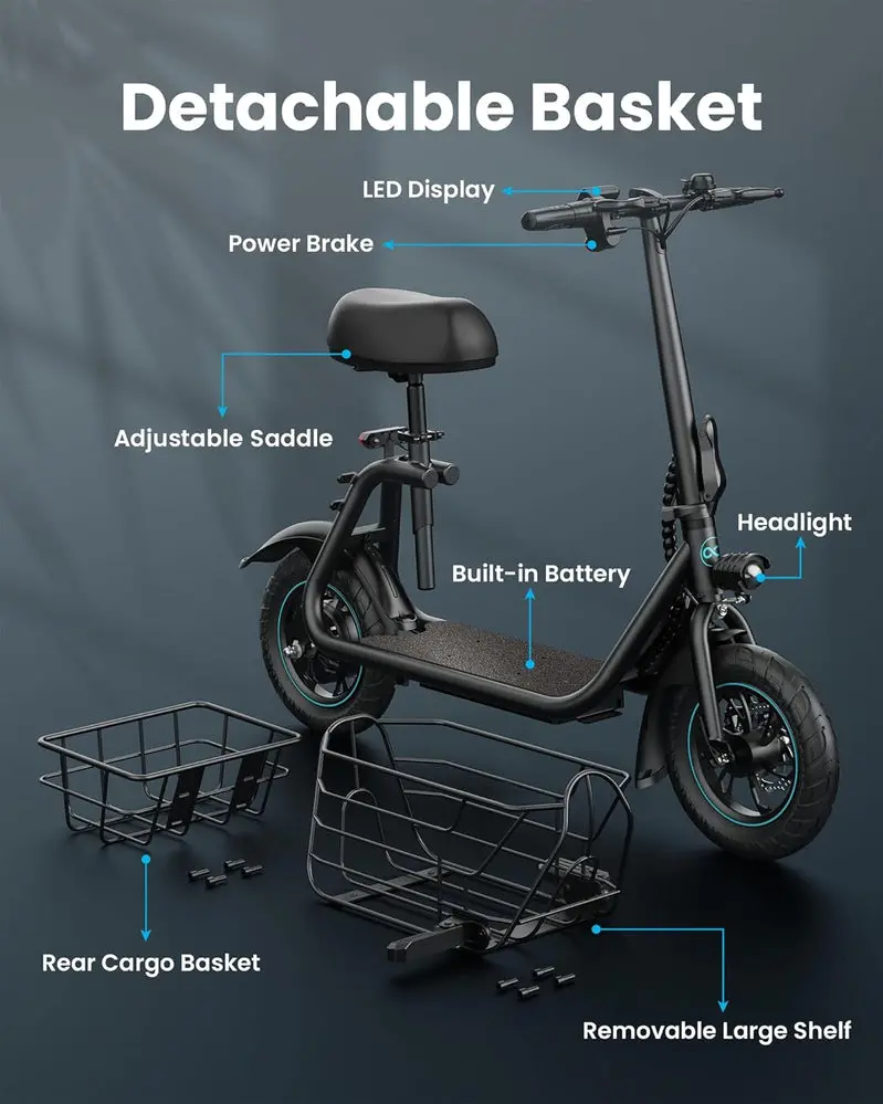 Cargo-Ready Electric Scooter – 550W Motor with Front Basket for Everyday Errands