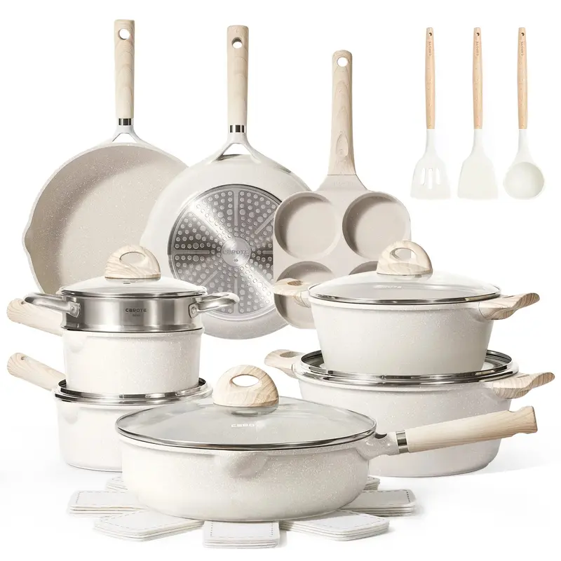 Carote 21-Piece Granite-Coated Nonstick Cookware Set — Eco-Friendly, Induction-Ready, Beige Finish