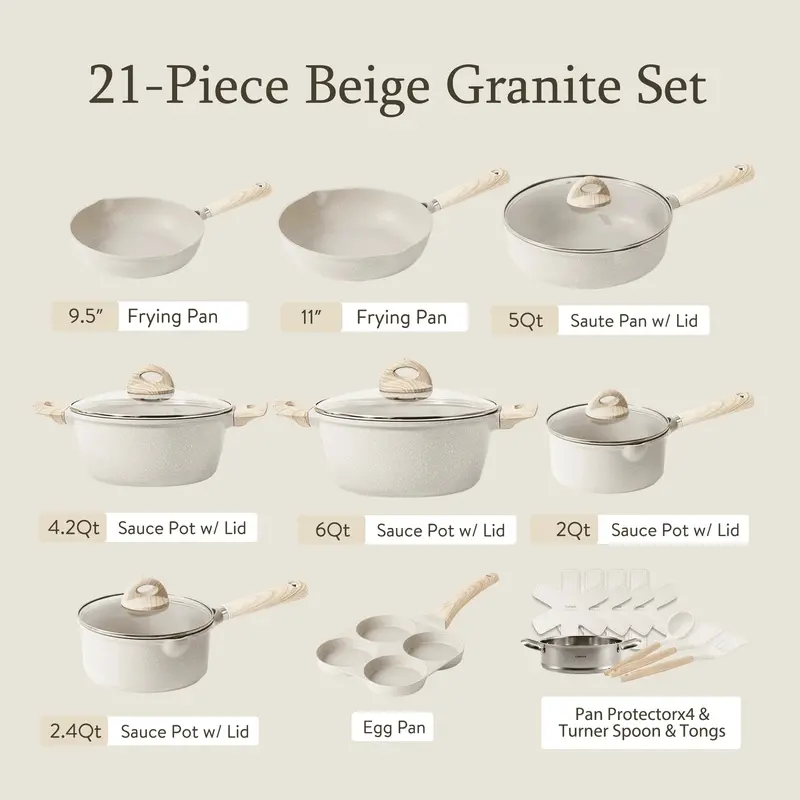 Carote 21-Piece Granite-Coated Nonstick Cookware Set — Eco-Friendly, Induction-Ready, Beige Finish