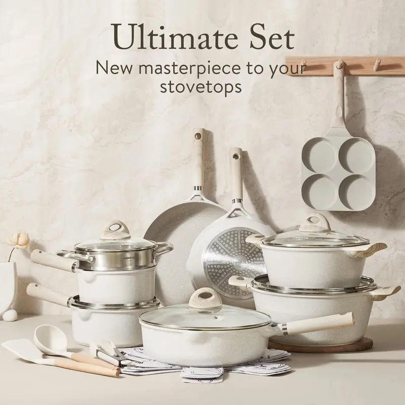 Carote 21-Piece Granite-Coated Nonstick Cookware Set — Eco-Friendly, Induction-Ready, Beige Finish