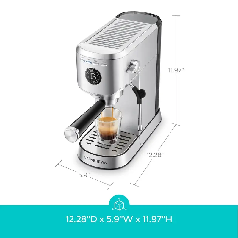 CASABREWS 5418 Basic Espresso Machine – 20-Bar Pump, 34oz Water Tank, Steam Wand Frother, Silver Finish