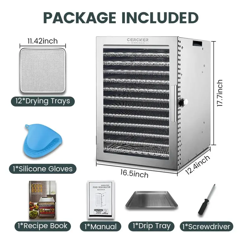 Cercker 12-Tray Stainless Steel Food Dehydrator – Large-Capacity Home Drying Machine