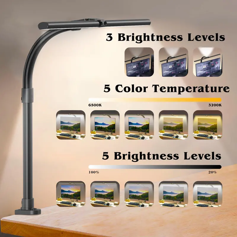 Clamp-Mount LED Desk Lamp – 24W Dual Light Source, Adjustable Brightness & CCT, Articulating Gooseneck for Workspace Use