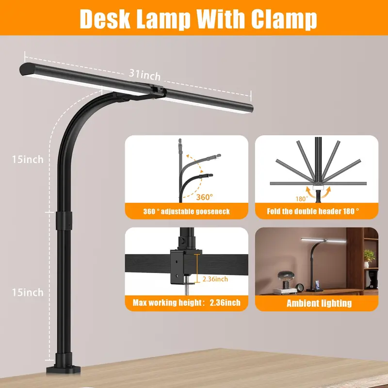 Clamp-Mount LED Desk Lamp – 24W Dual Light Source, Adjustable Brightness & CCT, Articulating Gooseneck for Workspace Use
