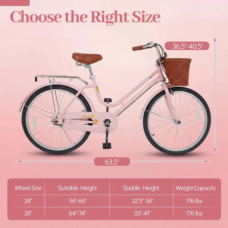 Classic Beach Cruiser Bike – Front Basket, Rear Rack, Bell – Designed for Teens & Adults
