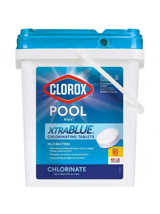 Clorox Xtra Blue Chlorinating Tablets – 40 lb Bucket, 80 Tabs, Long-Lasting 3" Pool & Spa Sanitizer