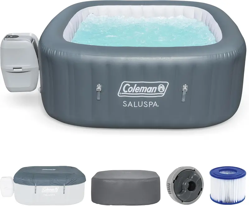 Coleman SaluSpa Atlantis Square Hot Tub – 4–6 Person Inflatable Outdoor Spa Featuring 140 Air Jets & Protective Cover