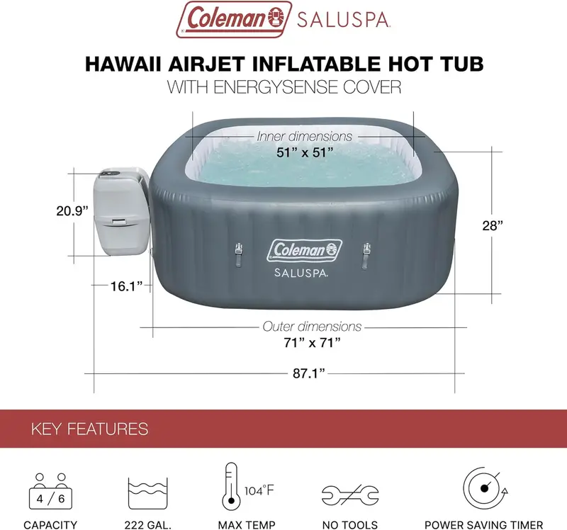Coleman SaluSpa Atlantis Square Hot Tub – 4–6 Person Inflatable Outdoor Spa Featuring 140 Air Jets & Protective Cover 2