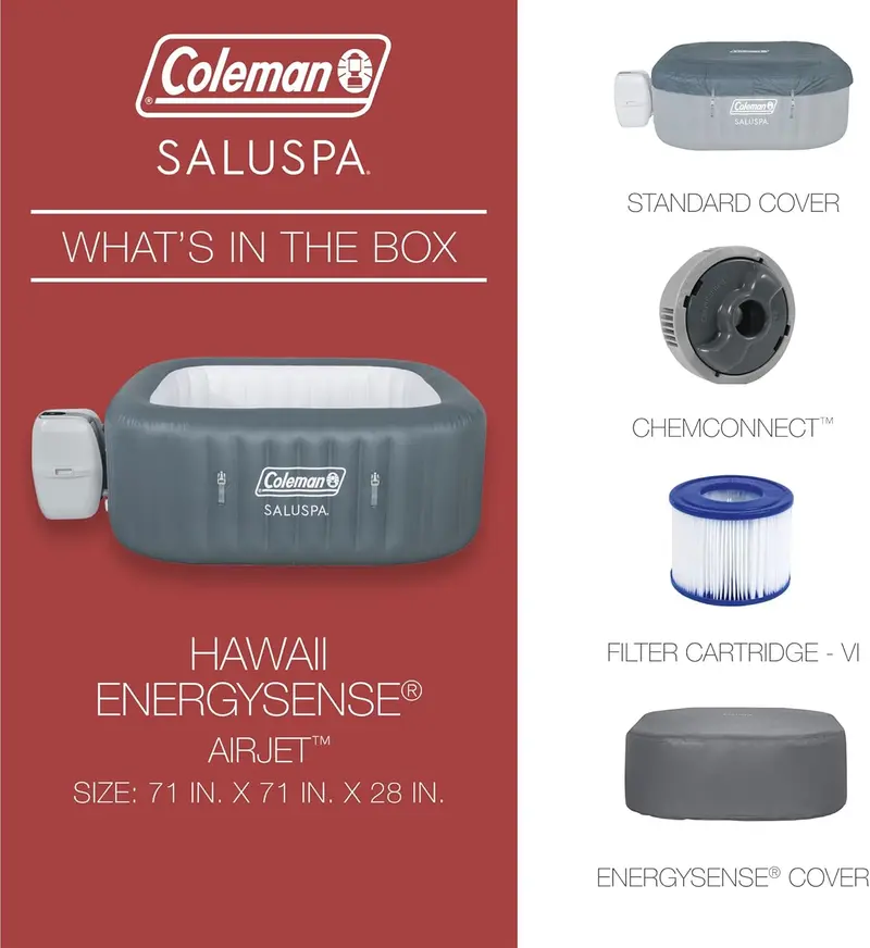 Coleman SaluSpa Atlantis Square Hot Tub – 4–6 Person Inflatable Outdoor Spa Featuring 140 Air Jets & Protective Cover