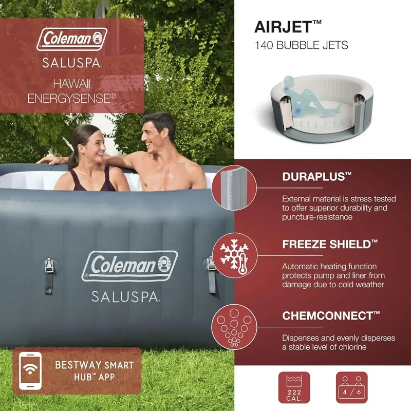 Coleman Square Inflatable Hot Tub – 4–6 Person Portable Spa with 114 Air Jets & Insulated Cover