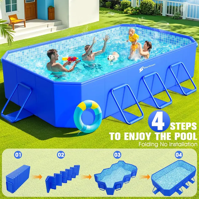 Collapsible Hard-Shell Swimming Pool – Non-Inflatable, Oversized Foldable Backyard Pool for Kids & Adults (115" x 66" x 20") with Mosaic Finish
