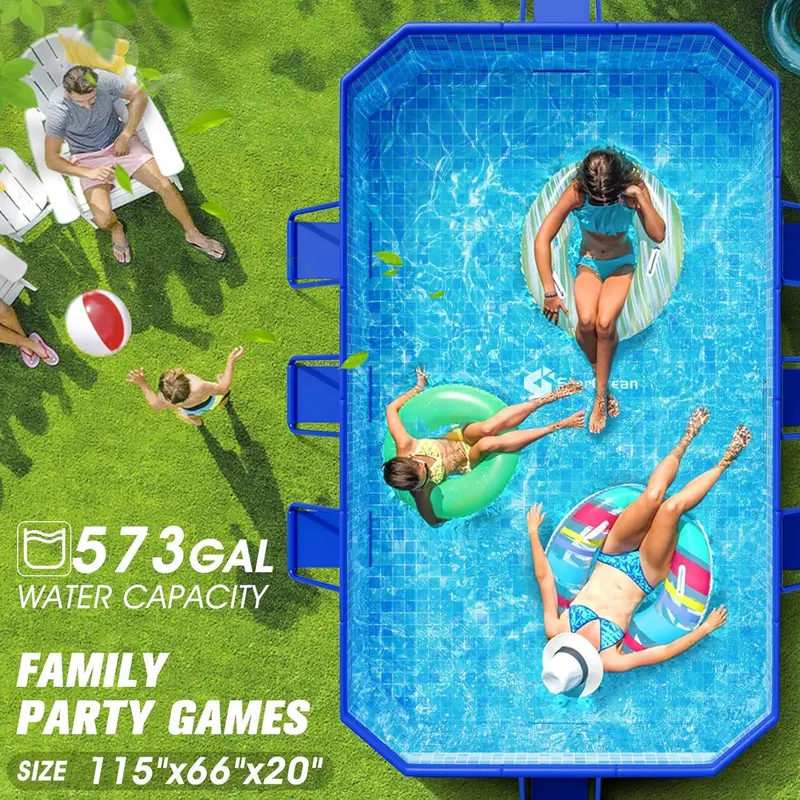 Collapsible Hard-Shell Swimming Pool – Non-Inflatable, Oversized Foldable Backyard Pool for Kids & Adults (115" x 66" x 20") with Mosaic Finish