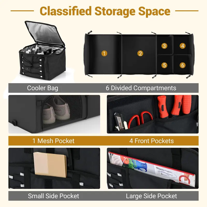 Collapsible Trunk Organizer – Multi-Compartment Vehicle Storage Bin with Detachable Lid