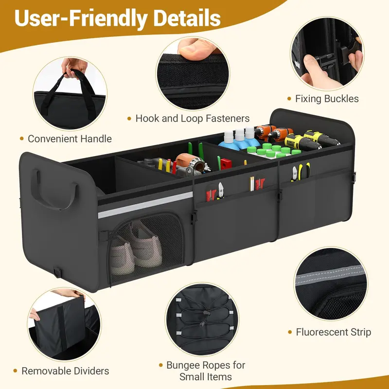 Collapsible Trunk Organizer – Multi-Compartment Vehicle Storage Bin with Detachable Lid