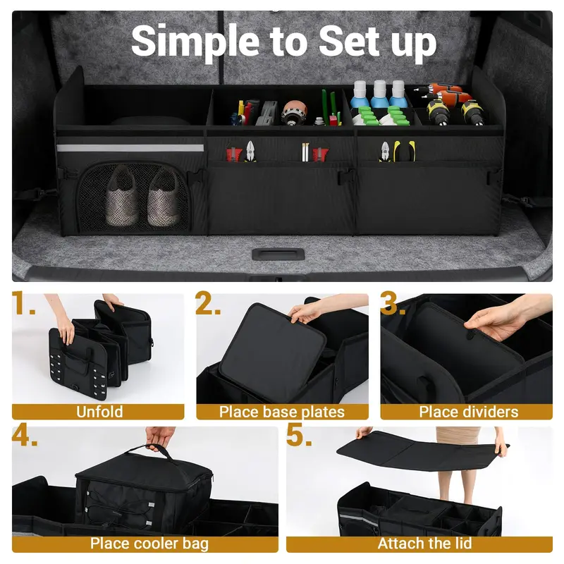 Collapsible Trunk Organizer – Multi-Compartment Vehicle Storage Bin with Detachable Lid