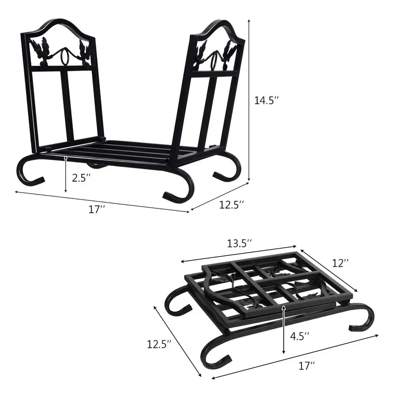 Collapsible Wrought Iron Firewood Rack for Indoor or Outdoor Storage