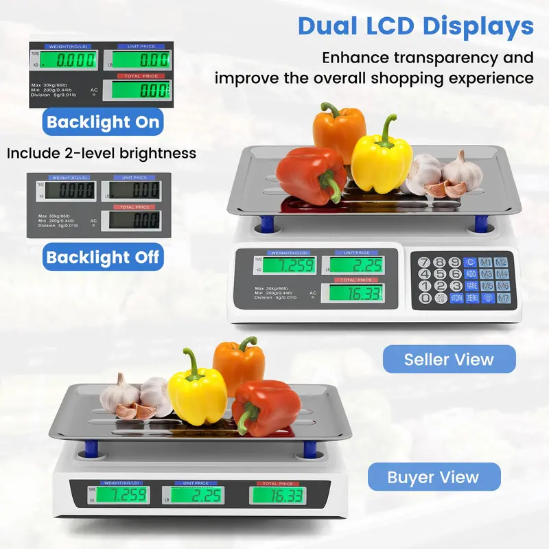 Commercial-Grade 66-Pound Capacity Price Computing Scale with Dual LCD Screens