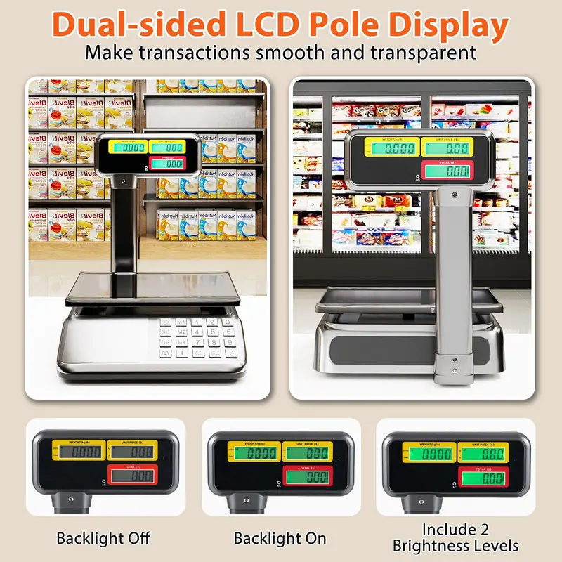 Commercial Price Computing Scale – 88 lb / 40 kg Dual LCD Display with Pole Mount