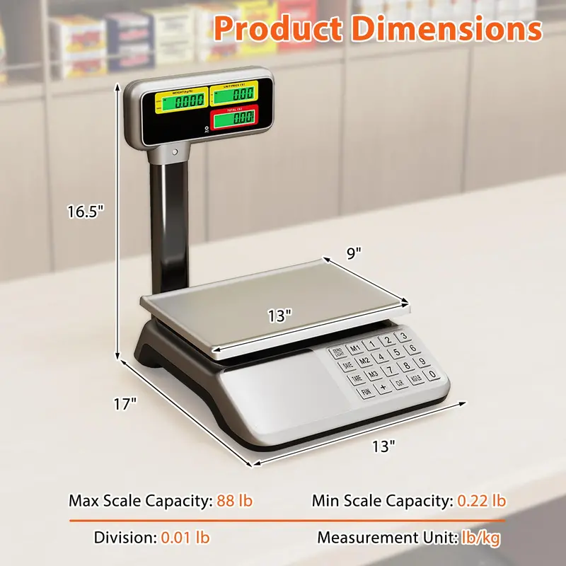 Commercial Price Computing Scale – 88 lb / 40 kg Dual LCD Display with Pole Mount