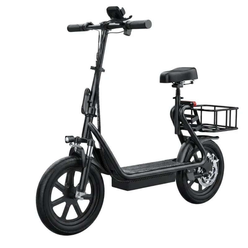 Commuter-Friendly Foldable E-Scooter Featuring Seat, Rear Storage Basket & 14" All-Terrain Tires