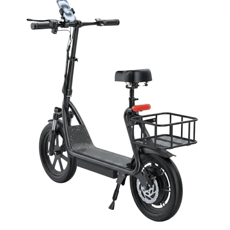Commuter-Friendly Foldable E-Scooter Featuring Seat, Rear Storage Basket & 14" All-Terrain Tires 2