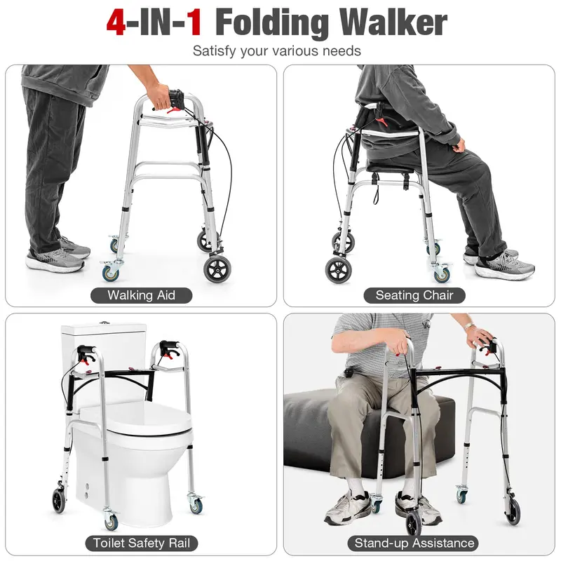 Compact 2-Button Folding Walker for Seniors — 4-in-1 Convertible Design