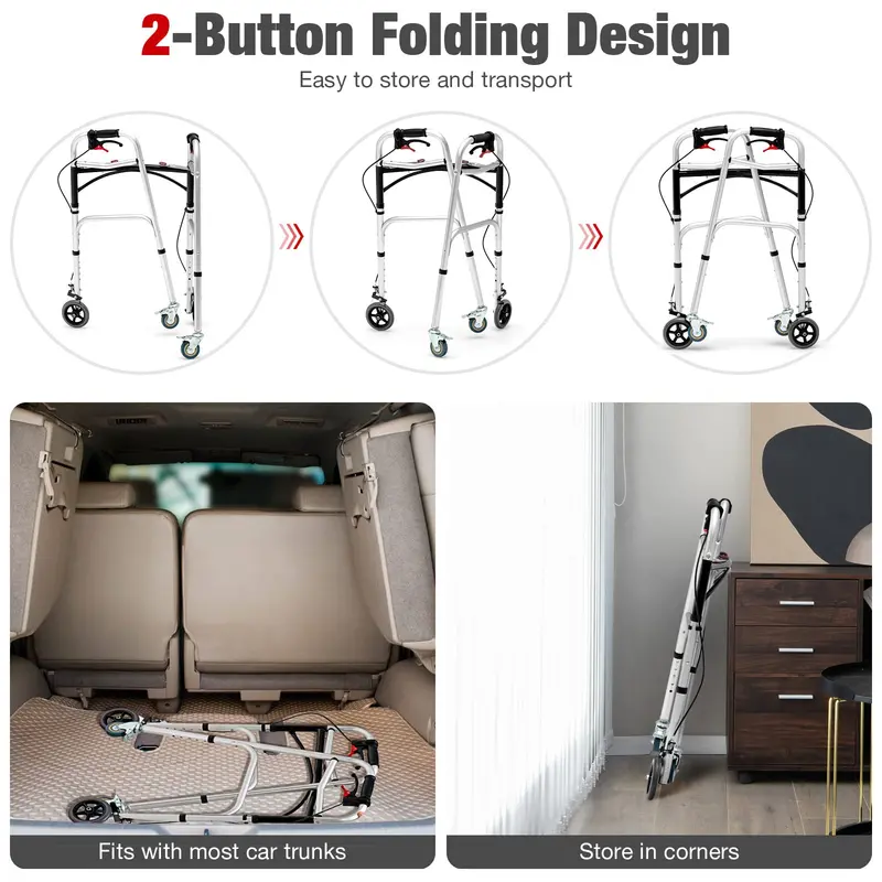 Compact 2-Button Folding Walker for Seniors — 4-in-1 Convertible Design
