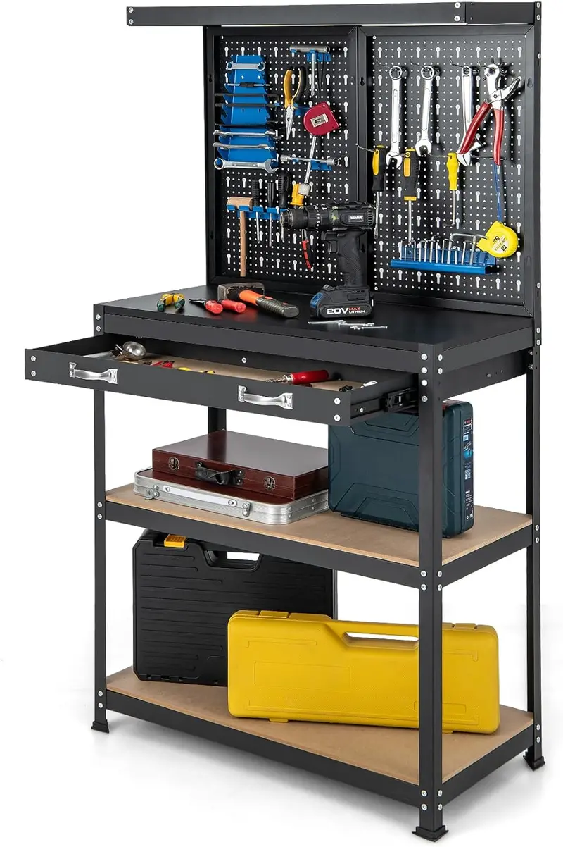 Compact 32" x 16" Workbench with Pegboard, Dual Shelves, and Worktop