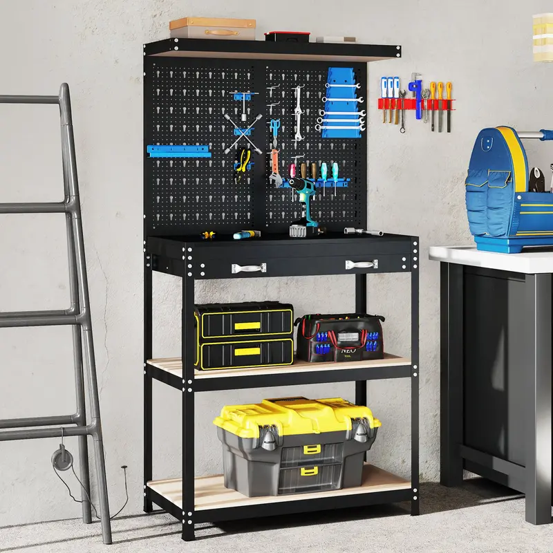Compact 32" x 16" Workbench with Pegboard, Dual Shelves, and Worktop 2