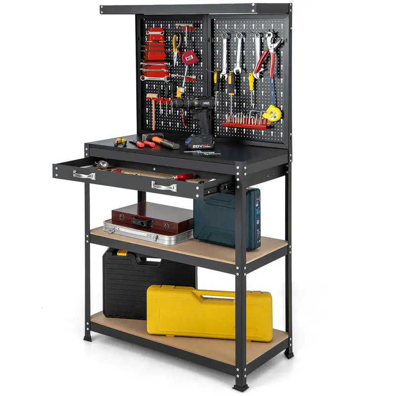 Compact 32" x 16" Workbench with Pegboard, Dual Shelves, and Worktop