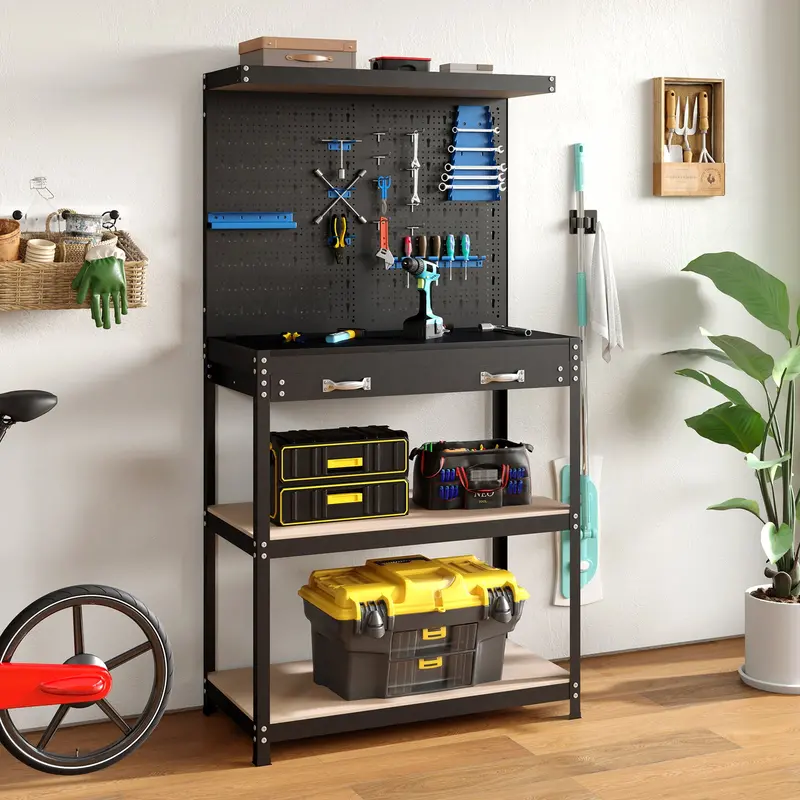 Compact 32" x 16" Workbench with Pegboard, Dual Shelves, and Worktop