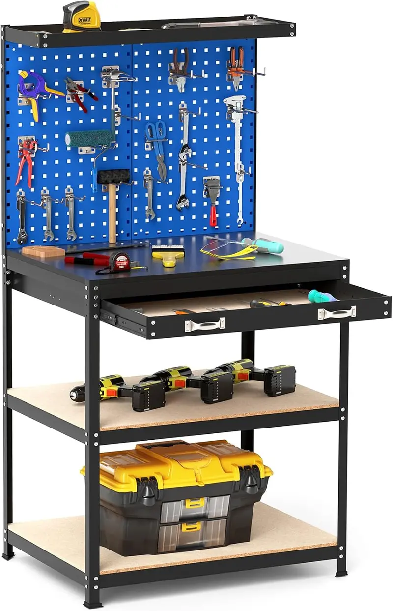 Compact 32" x 16" Workbench with Pegboard, Dual Shelves, and Worktop