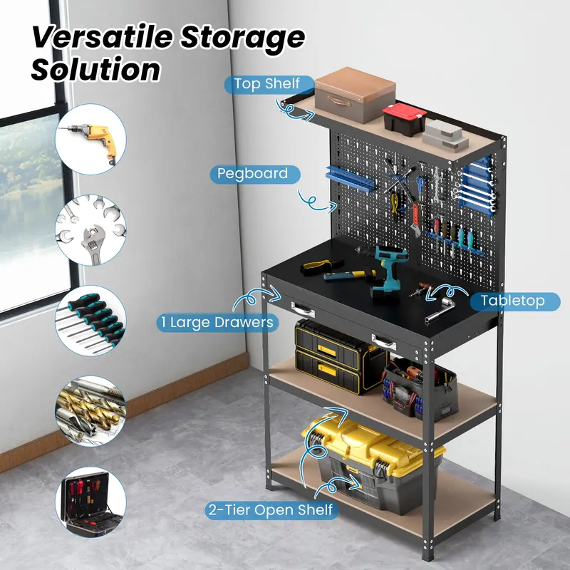 Compact 32" x 16" Workbench with Pegboard, Dual Shelves, and Worktop