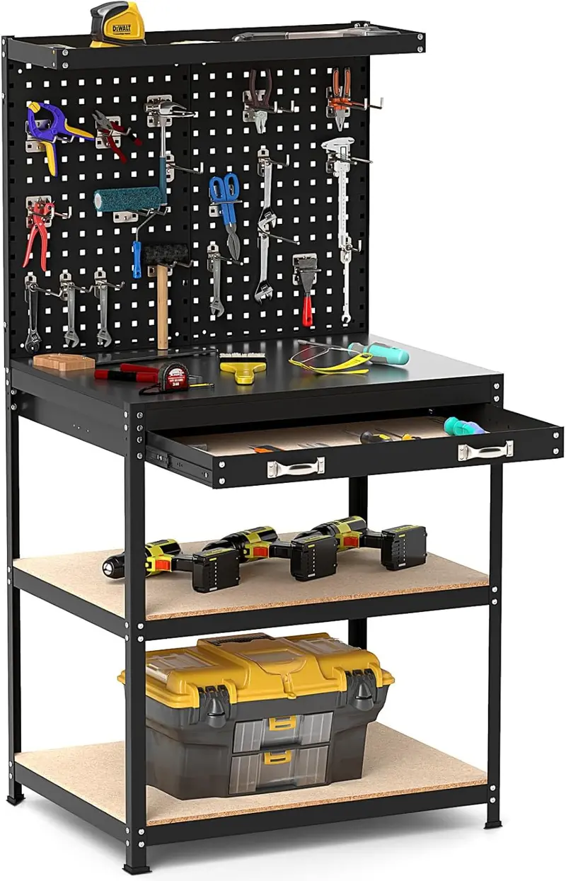 Compact 32" x 16" Workbench with Pegboard, Dual Shelves, and Worktop
