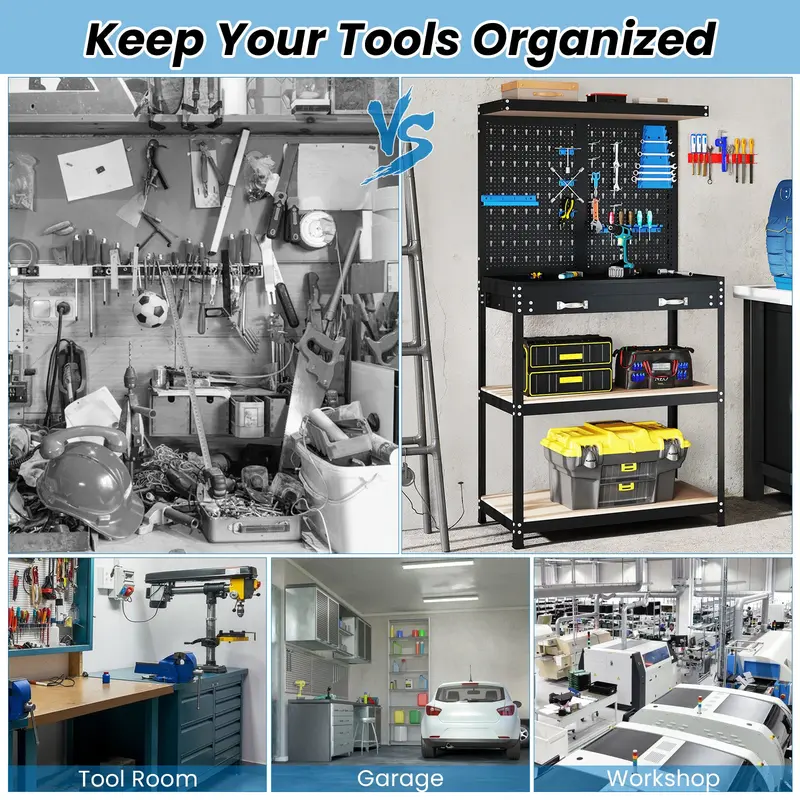 Compact 32" x 16" Workbench with Pegboard, Dual Shelves, and Worktop