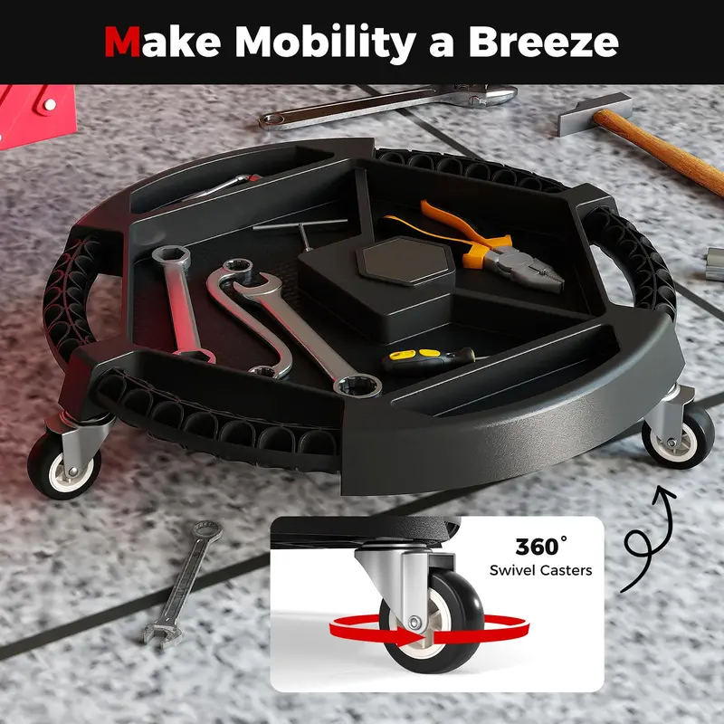 Compact Automotive Tool Creeper: 19.5" x 19.5" with Three Swivel Casters and Four Organized Compartments