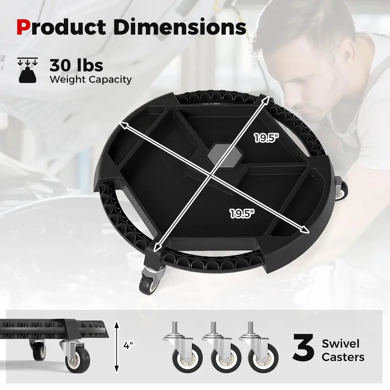 Compact Automotive Tool Creeper: 19.5" x 19.5" with Three Swivel Casters and Four Organized Compartments