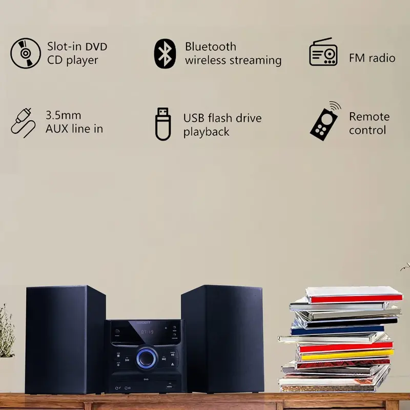 Compact Bluetooth Stereo System – CD Player, FM Radio, USB/MP3 Playback, Aux Input, 30W Output, Wireless Streaming Enabled
