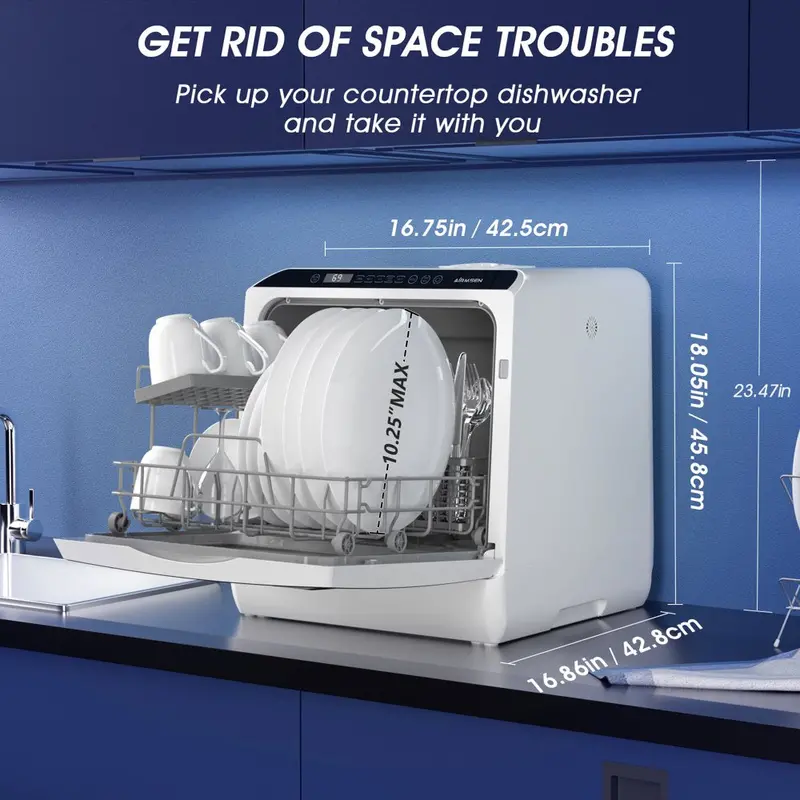 Compact Countertop Dishwasher – 5L Built-in Tank, 5 Wash Cycles, Air-Dry Function