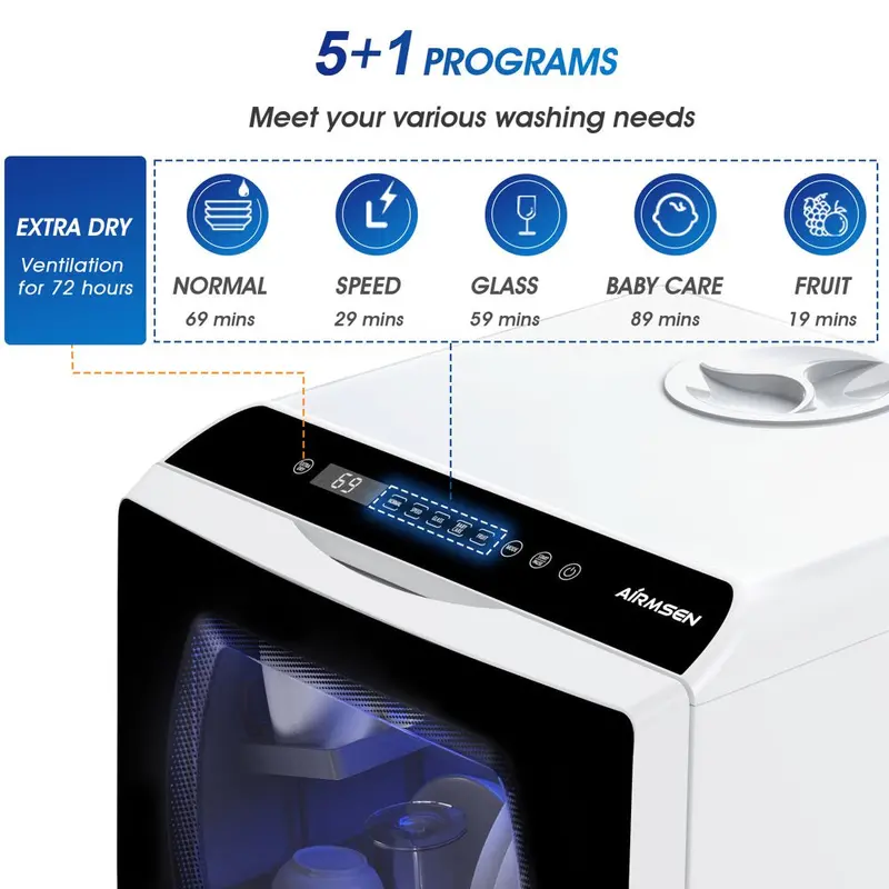 Compact Countertop Dishwasher – 5L Built-in Tank, 5 Wash Cycles, Air-Dry Function
