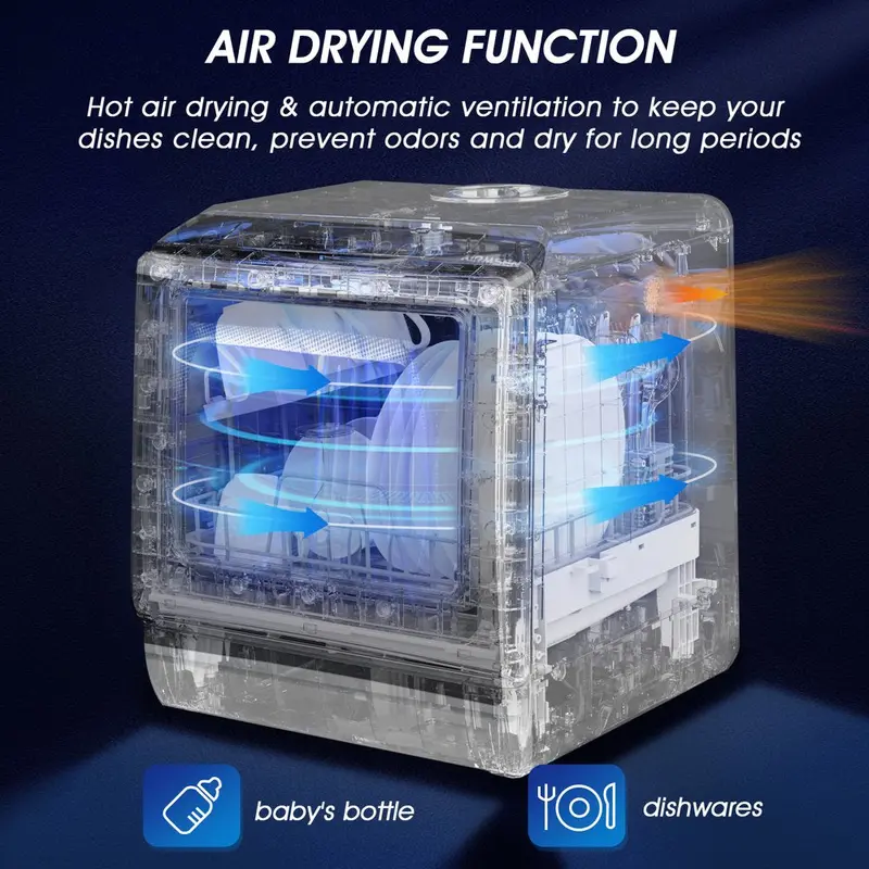 Compact Countertop Dishwasher – 5L Built-in Tank, 5 Wash Cycles, Air-Dry Function