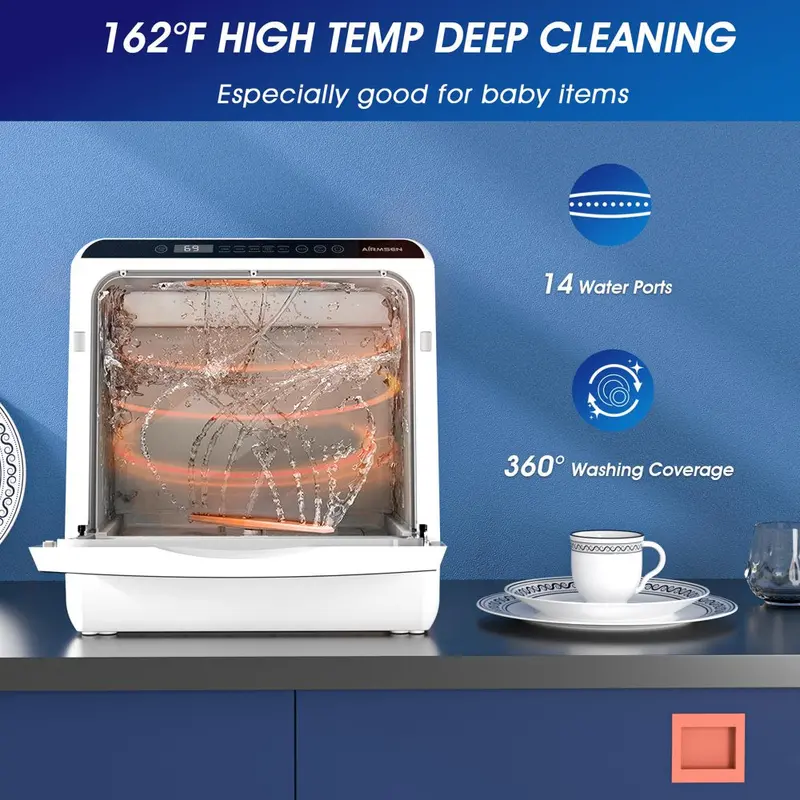 Compact Countertop Dishwasher – 5L Built-in Tank, 5 Wash Cycles, Air-Dry Function