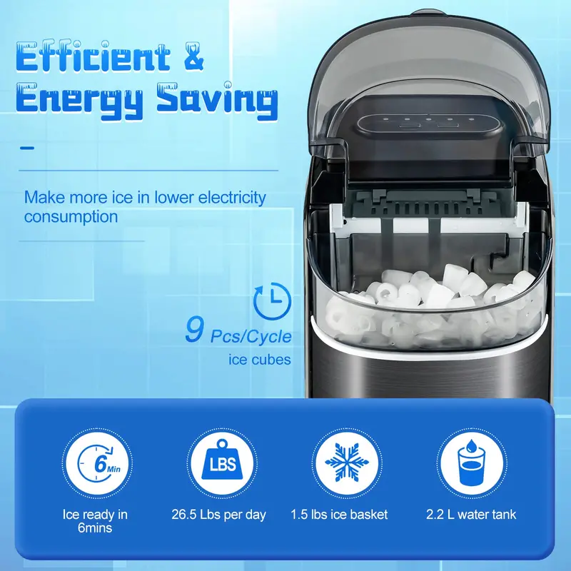 Compact Countertop Ice Maker – 26.5 lbs/24H Output, 9-Cube Cycle in 6 Minutes, Self-Cleaning 2
