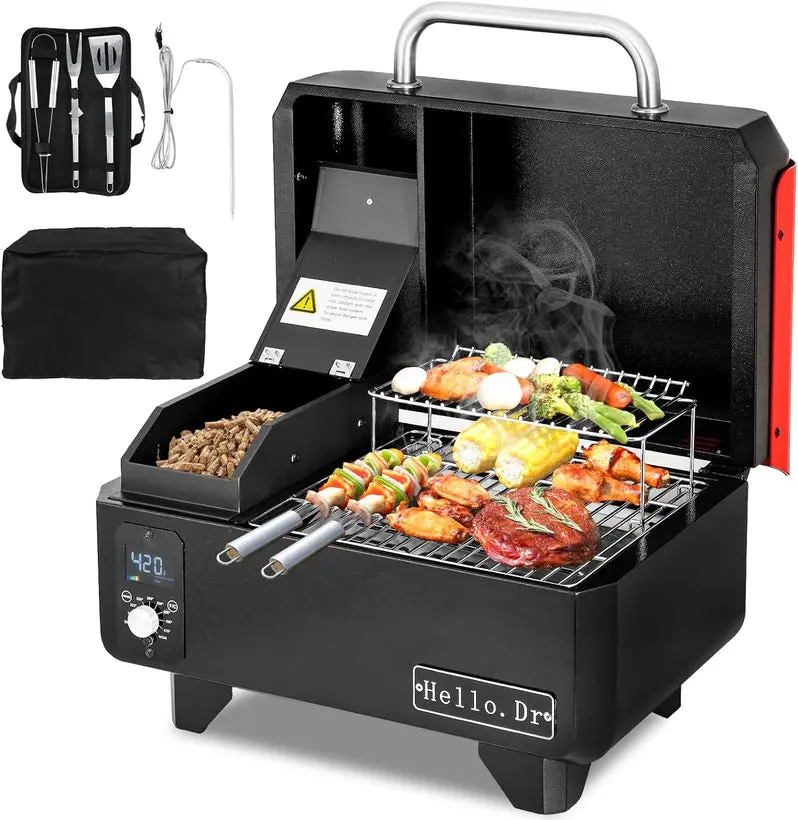 Compact Electric Wood Pellet Grill & Smoker – 8-in-1 Tabletop BBQ for RVs, Camping & Tailgating | Precision Temp Control + Steam-Assisted Cooking